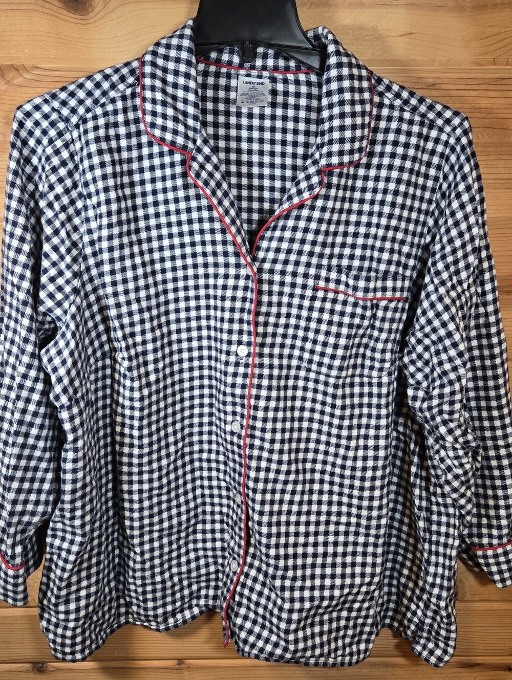 Lands' End Women's Cotton Pajama Set 2XL Navy Gingham Long Sleeve Top & Shorts